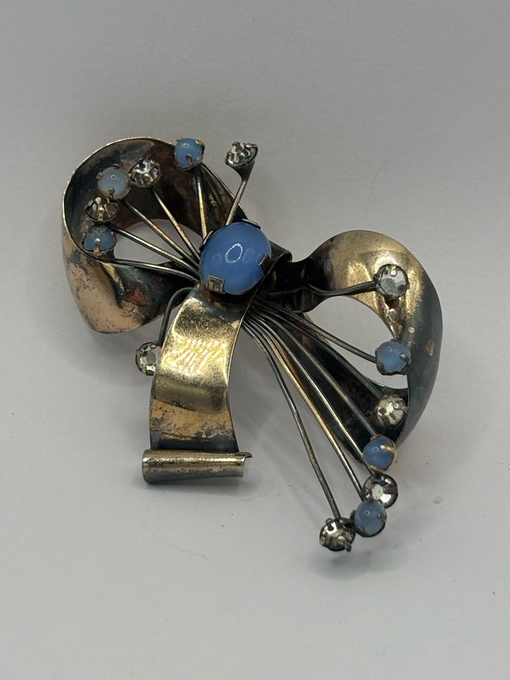 Vintage 1940s Sterling Silver Bow Brooch Blue Cabochon Glass Rhinestone Pin 20g